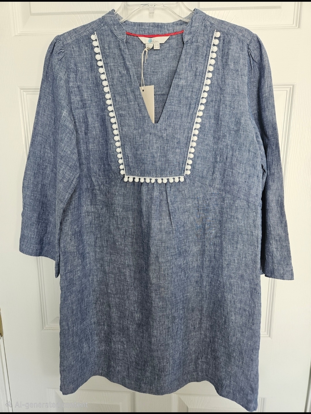 Boden Blue Chambray Linen Mini Dress with White Pom Trim